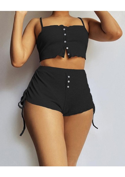Kadın Ip Askılı Crop Bluz ve Yanlardan Büzgülü Ikili Kaşkorse Short Takım