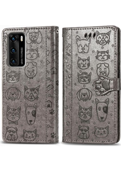 Huawei P40 Flip Kapak Için Kılıf Darbeye Deri Kılıf Karikatür Hayvanlar (Yurt Dışından)