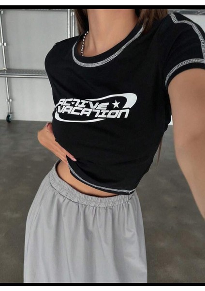Siyah Active Vacation Star Body Tshirt Crop