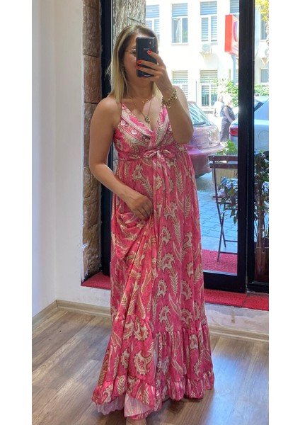 Ince Askılı Kuşaklı Maxi Boy Saten Elbise