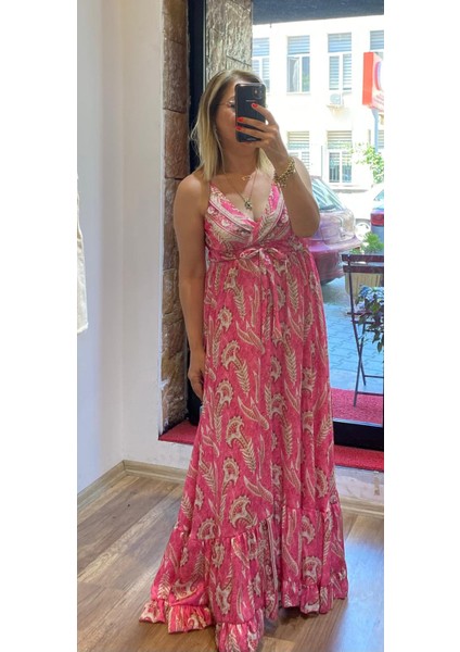 Ince Askılı Kuşaklı Maxi Boy Saten Elbise fiyatları