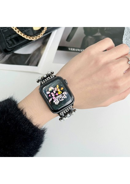 Apple Watch Series 9 8 7 41MM / 6 5 4 40MM Bilek Kayışı Boncuklu Inci Dekor Kordonlu Saat (Yurt Dışından)