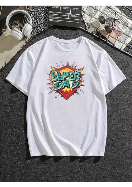 Erkek Süper Baba Baskılı Bisiklet Yaka Salaş Oversize Boyfriend Siyah, Beyaz, Gri , Bej T-Shirt