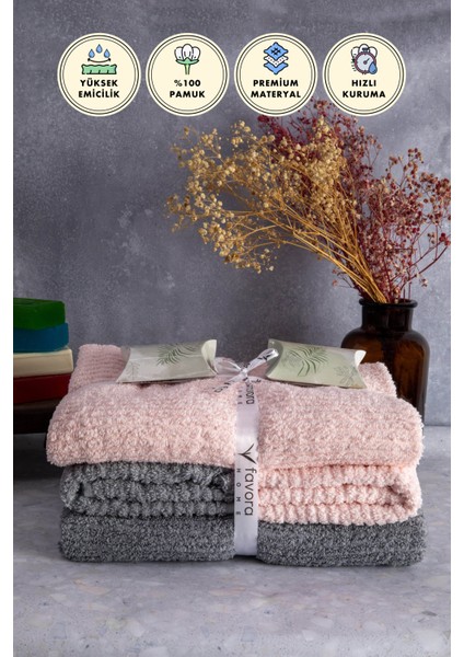 Line %100 Pamuk Luxury 6 Parça Havlu Hamam Seti - Gri Pembe