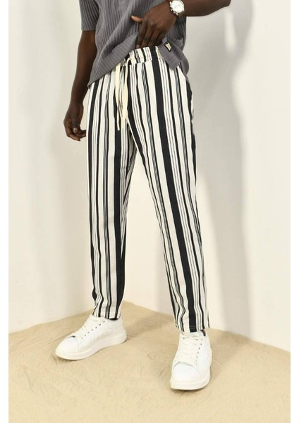 Siyah Çizgili Keten Rahat Pantolon fiyatları