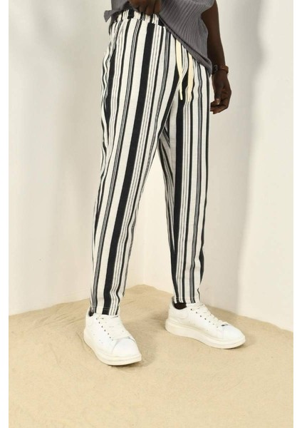 Siyah Çizgili Keten Rahat Pantolon modelleri