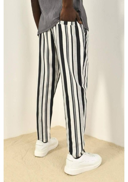 Siyah Çizgili Keten Rahat Pantolon fırsatları