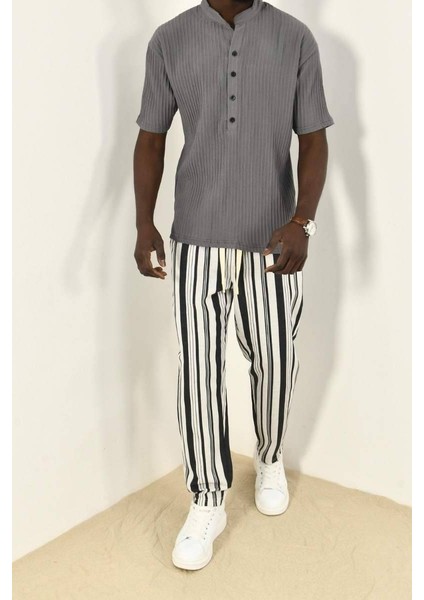 Siyah Çizgili Keten Rahat Pantolon indirimleri