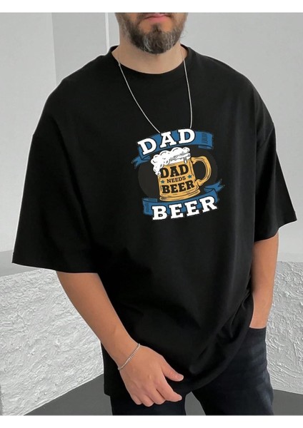 Erkek Bira Babası Dad Beer Baskılı Bisiklet Yaka Salaş Oversize Boyfriend Siyah, Beyaz, Bej, Mavi T-Shirt