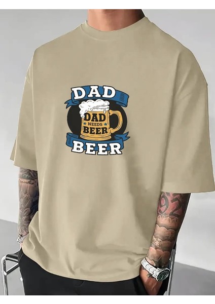 Erkek Bira Babası Dad Beer Baskılı Bisiklet Yaka Salaş Oversize Boyfriend Siyah, Beyaz, Bej, Mavi T-Shirt
