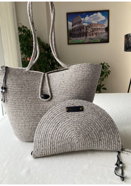 Bailey 2li Takım Plaj Çantası , El Çantası Clutch, Totebag, Kadın Çanta, Yazlık, Hediyelik, hasır Jüt Tress