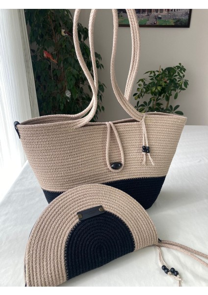 Bailey 2li Takım Plaj Çantası , El Çantası Clutch, Totebag, Kadın Çanta, Yazlık, Hediyelik, hasır Jüt Tress