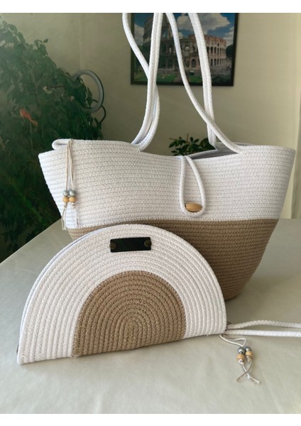 Bailey 2li Takım Plaj Çantası , El Çantası Clutch, Totebag, Kadın Çanta, Yazlık, Hediyelik, hasır Jüt Tress