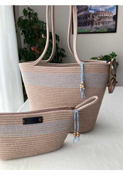 Bailey 2li Takım Plaj Çantası , El Çantası Clutch, Totebag, Kadın Çanta, Yazlık, Hediyelik, hasır Jüt Tress