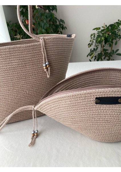 Bailey 2li Takım Plaj Çantası , El Çantası Clutch, Totebag, Kadın Çanta, Yazlık, Hediyelik, hasır Jüt Tress