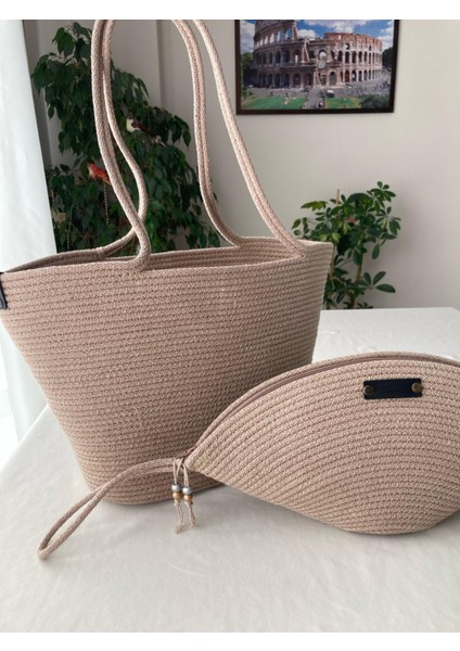 Bailey 2li Takım Plaj Çantası , El Çantası Clutch, Totebag, Kadın Çanta, Yazlık, Hediyelik, hasır Jüt Tress