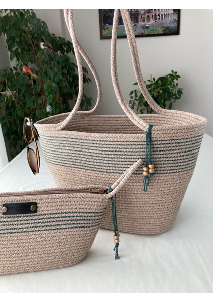 Bailey 2li Takım Plaj Çantası , El Çantası Clutch, Totebag, Kadın Çanta, Yazlık, Hediyelik, hasır Jüt Tress