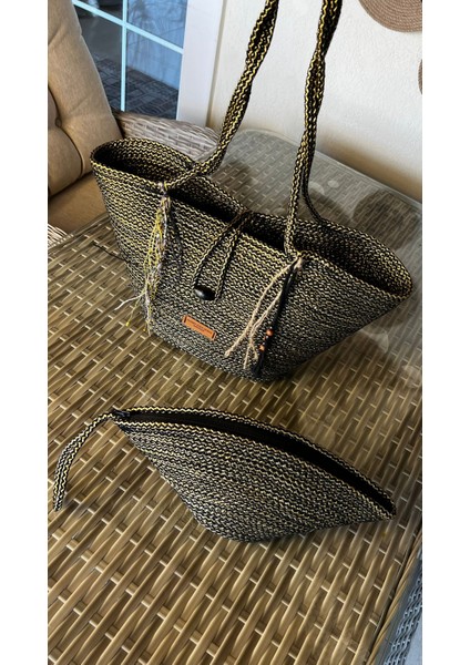 Bailey 2li Takım Plaj Çantası , El Çantası Clutch, Totebag, Kadın Çanta, Yazlık, Hediyelik, hasır Jüt Tress