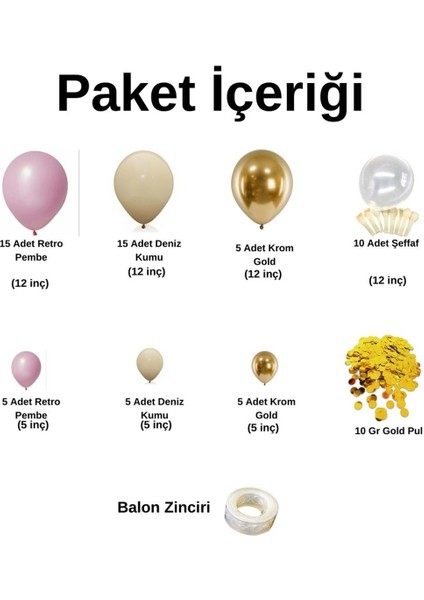 Organizasyon Pazarı Zincir Balon Seti Retro Pembe-Deniz Kumu-Krom Gold-Şeffaf 60ADET +Balonşeridi + 10GRGOLDPUL