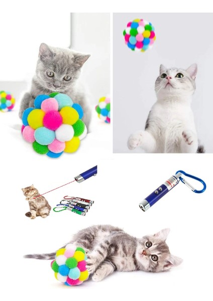 Ponponlu ve Çıngıraklı Kedi Oyun Topu + Lazer Kedi Oyuncağı Egzersizi 1 + 1 7cm