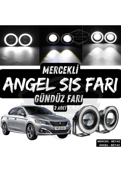 Peugeot 301 2012-2021 Uyumlu Üniversal Mercekli Angel Sis Farı Metal Su Geçirmez 76 mm Beyaz Halkalı Gündüz Farı Angel Eyes 2 Adet