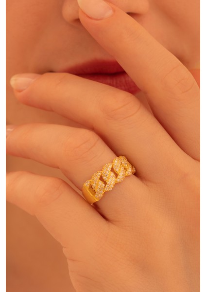 Kadın Gümüş Yüzük - 22 Ayar Gerçek Altın Kaplama (Kararmaz) Taşlı Gurmet Model Gümüş Yüzük