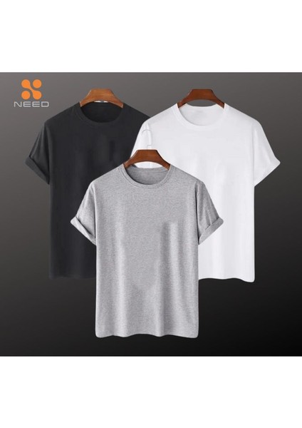 Erkek 3 Lü Paket %100 Pamuk Rahat Kalıp Likralı Siyah-Beyaz-Gri Renkli Basic T-Shirt