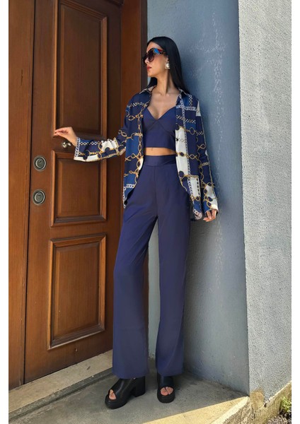 3'lü Saten Zincir Desenli Bustiyer Pantolon Lacivert Takım