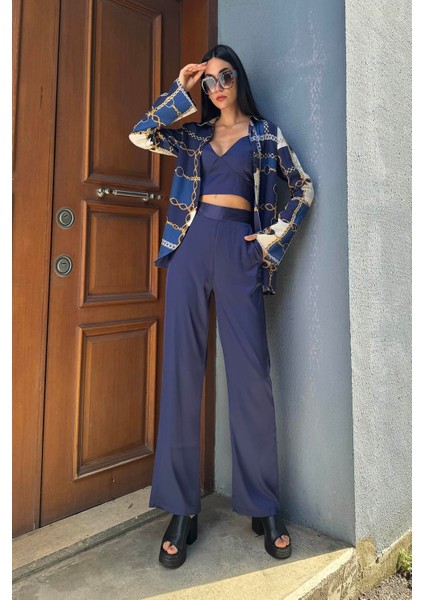 3'lü Saten Zincir Desenli Bustiyer Pantolon Lacivert Takım fiyatları