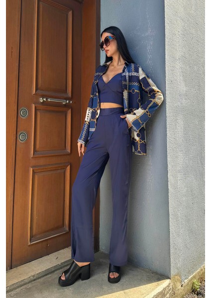 3'lü Saten Zincir Desenli Bustiyer Pantolon Lacivert Takım modelleri