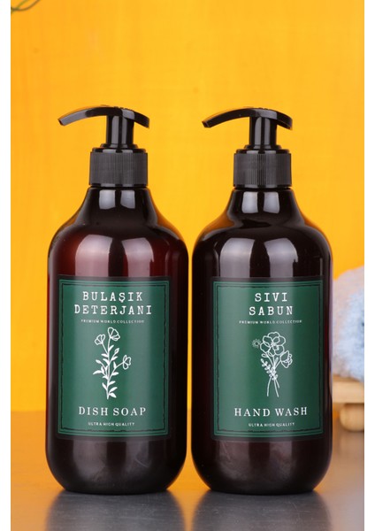 Amber 2'li Bulaşık Deterjanı ve Sıvı Sabun Şişesi Sabunluk Seti 500 ml Plastik Şişe