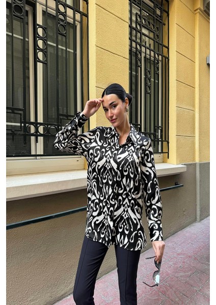 Desenli Saten Modest Uzun Siyah Gömlek fırsatları