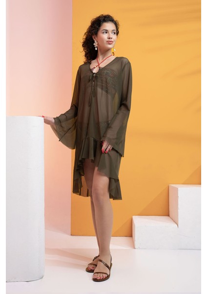 Likralı Tülden Volanlı Kimono Kaftan