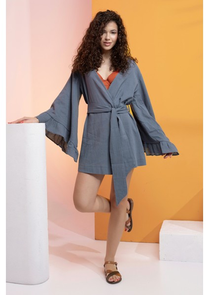 %100 Pamuk Volanlı Kuşaklı Kimono