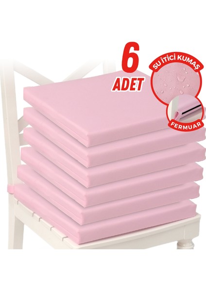 Fermuarlı 6'lı Sandalye Minderi Su Itici Kumaş 40X40 cm Sünger Sandalye Minderi Bağcıklı Pembe