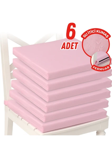 Fermuarlı 6'lı Sandalye Minderi Su Itici Kumaş 40X40 cm Sünger Sandalye Minderi Bağcıklı Pembe