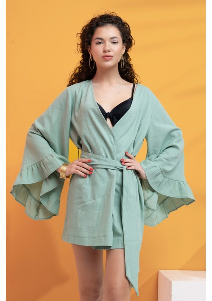 %100 Pamuk Volanlı Kuşaklı Kimono
