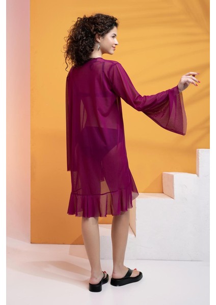 Likralı Tülden Volanlı Kimono Kaftan