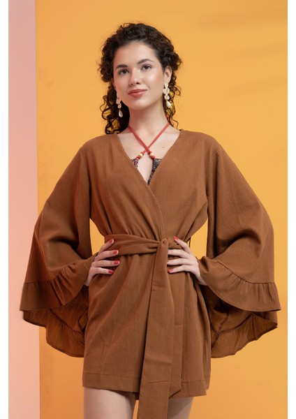 %100 Pamuk Volanlı Kuşaklı Kimono