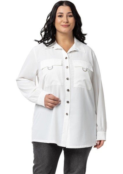 Büyük Beden D Toka Detaylı Cepli Manşetli Beyaz Gömlek