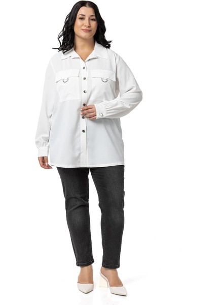 Büyük Beden D Toka Detaylı Cepli Manşetli Beyaz Gömlek fiyatları