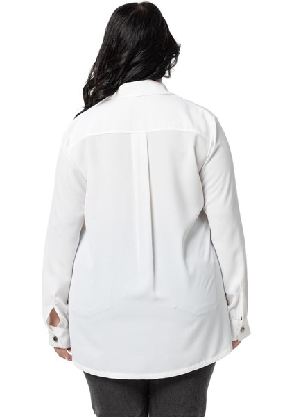 Büyük Beden D Toka Detaylı Cepli Manşetli Beyaz Gömlek modelleri