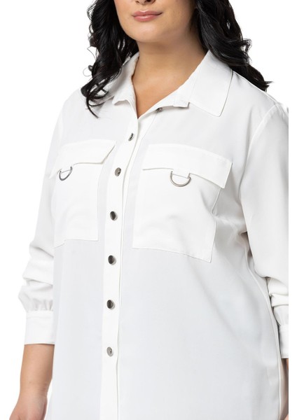 Büyük Beden D Toka Detaylı Cepli Manşetli Beyaz Gömlek fırsatları