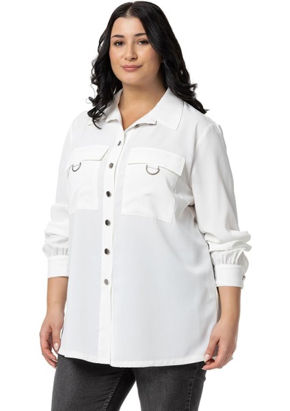 Büyük Beden D Toka Detaylı Cepli Manşetli Beyaz Gömlek indirimleri