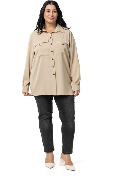 Büyük Beden D Toka Detaylı Cepli Manşetli Bej Rengi Gömlek fiyatları
