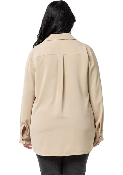 Büyük Beden D Toka Detaylı Cepli Manşetli Bej Rengi Gömlek modelleri