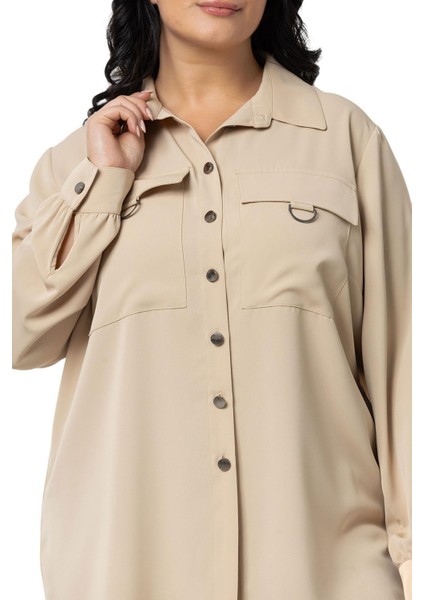 Büyük Beden D Toka Detaylı Cepli Manşetli Bej Rengi Gömlek fırsatları