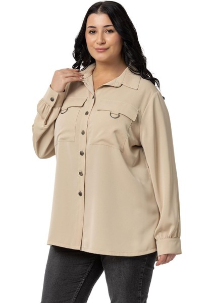 Büyük Beden D Toka Detaylı Cepli Manşetli Bej Rengi Gömlek indirimleri