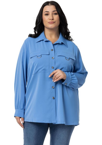 Büyük Beden D Toka Detaylı Cepli Manşetli Indigo Gömlek