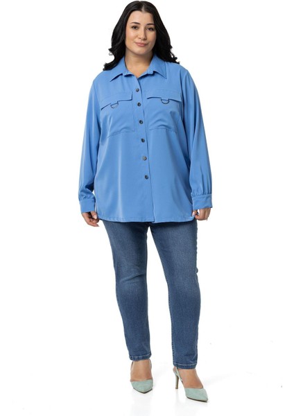 Büyük Beden D Toka Detaylı Cepli Manşetli Indigo Gömlek fiyatları